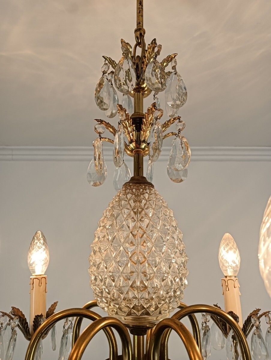 Hollywood Regency Chandelier Crystal Pine Apple Brass Prisms Stunning 6 Lights photo Lighting
