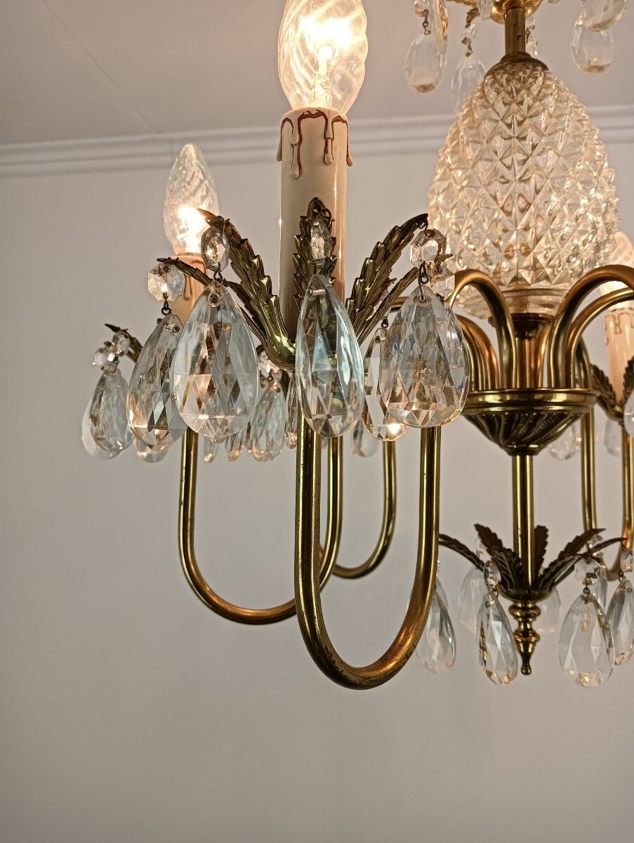 Hollywood Regency Chandelier Crystal Pine Apple Brass Prisms Stunning 6 Lights photo 566.0