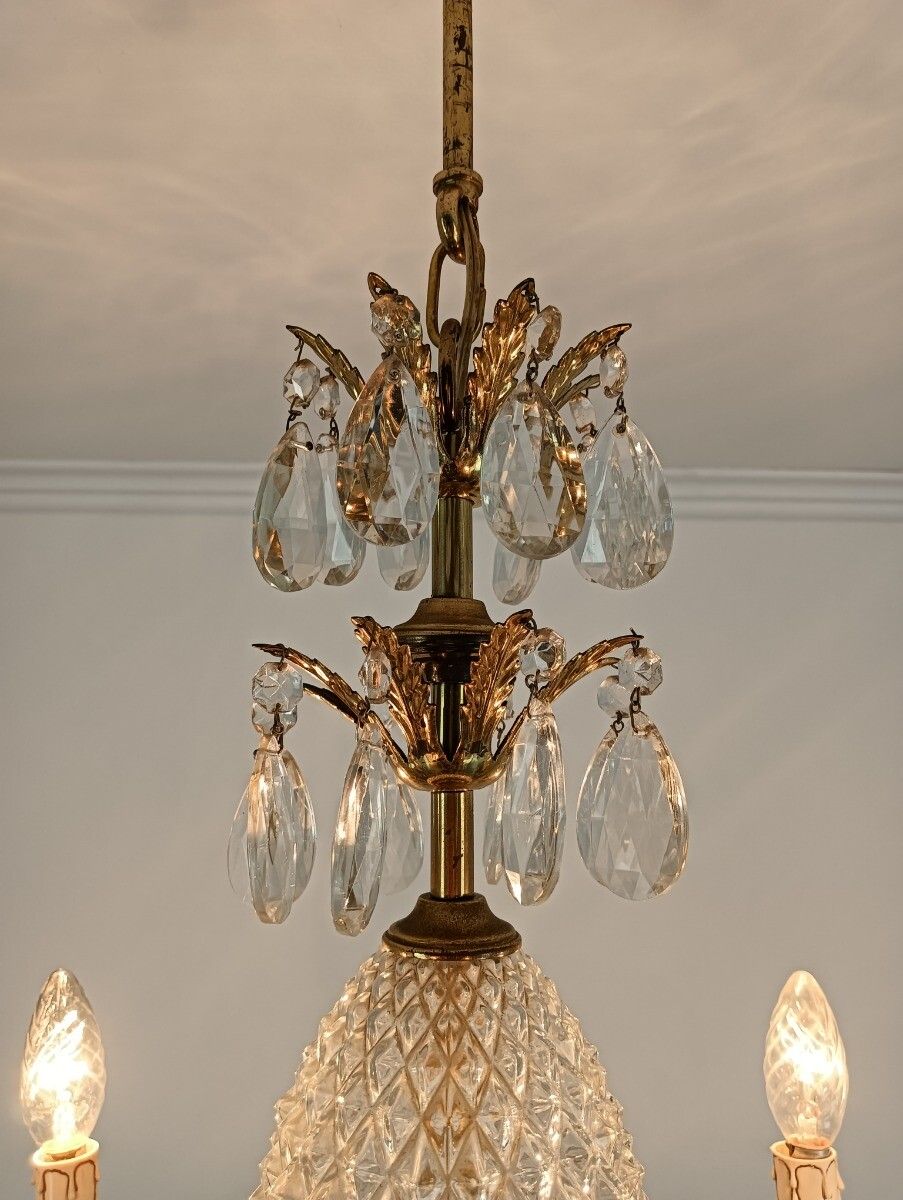 Hollywood Regency Chandelier Crystal Pine Apple Brass Prisms Stunning 6 Lights photo buy