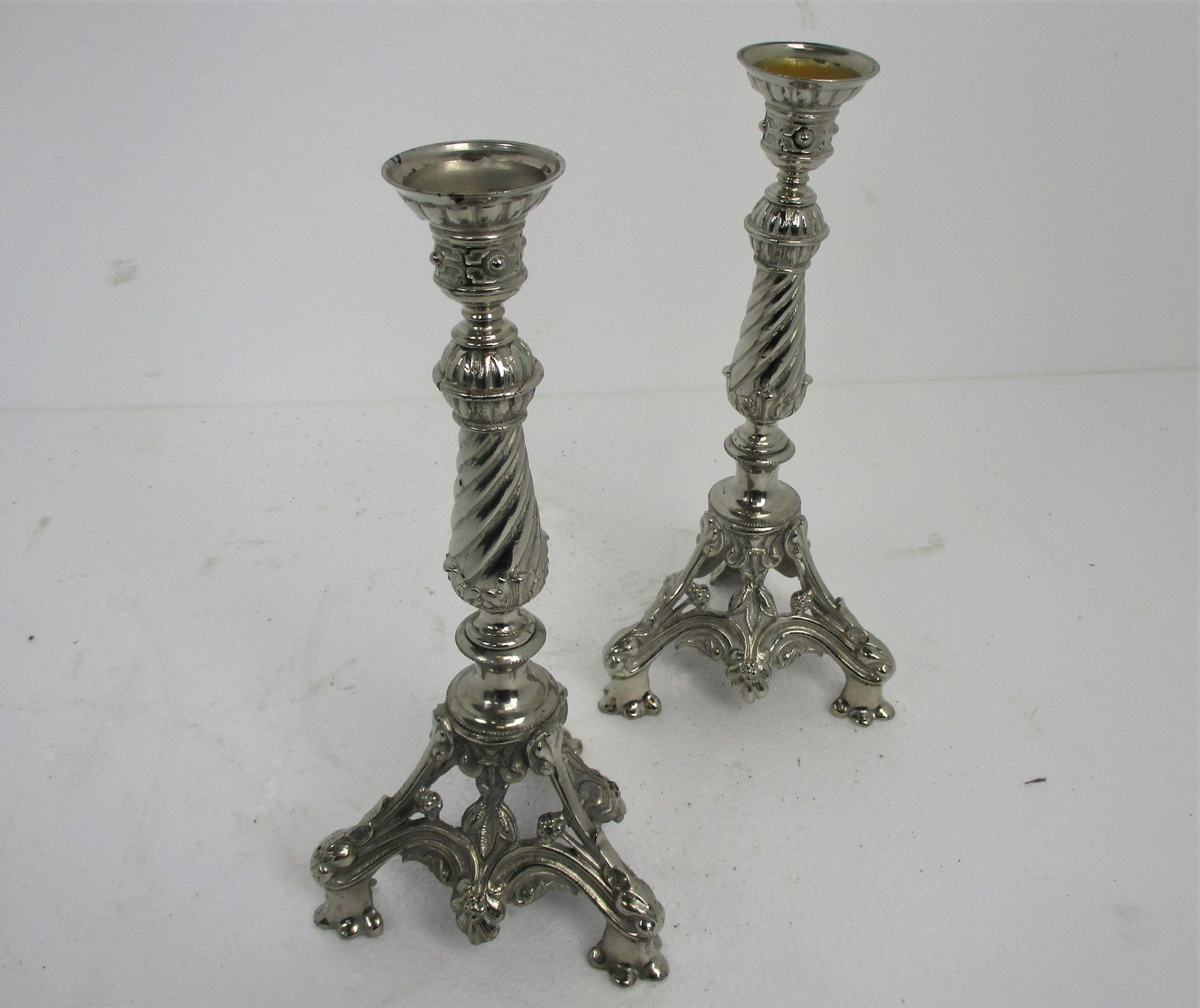 Pair Couple Gothic  Candle Holders Candlesticks  Lion Feet Ornate Embossed Spelt photo for sale