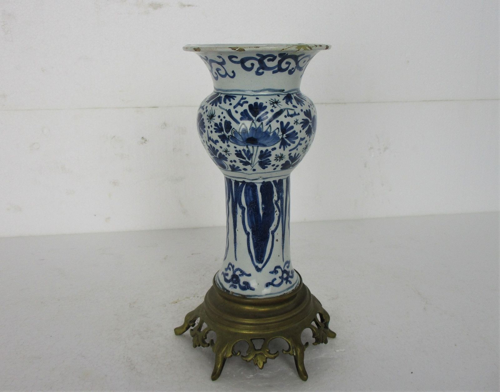 Vase Delft Holland Blue White Porcelain Brass Base Centerpiece Hand Painted Rare photo furniture