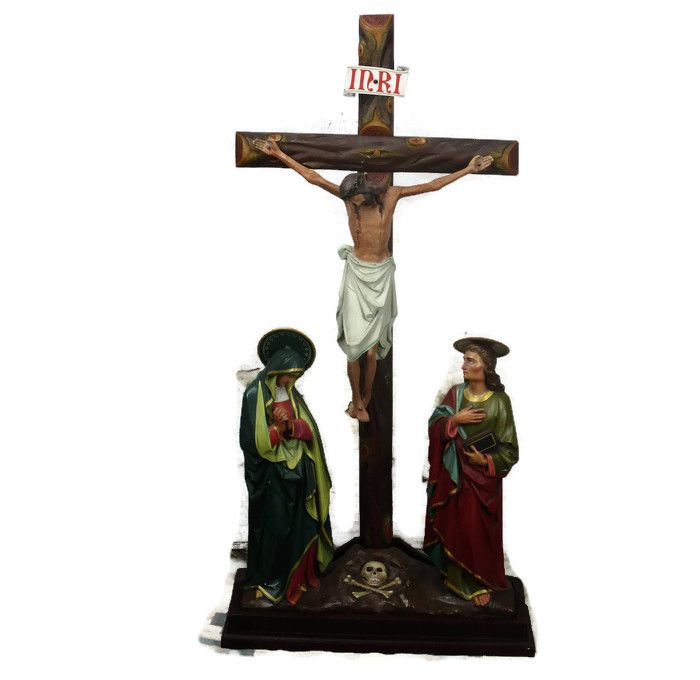 Xxl Church Quality 19th C Plaster Calvary Group Crucifix John Mary Magdalene photo furniture
