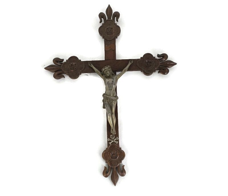 Hand Carved Wood  French Hanging Ornate Crucifix Cross Jesus Christ Fleur De Lis