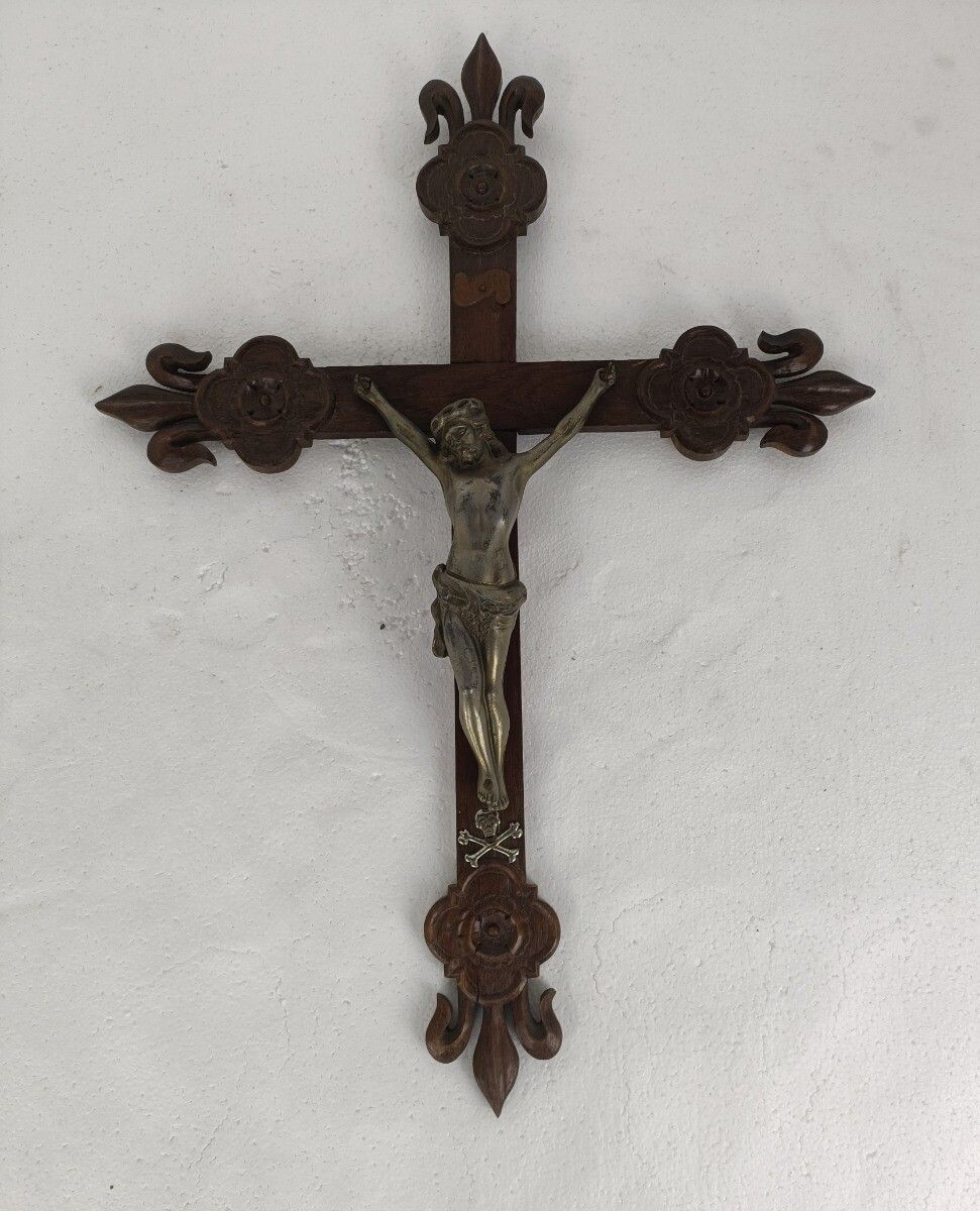 Hand Carved Wood  French Hanging Ornate Crucifix Cross Jesus Christ Fleur De Lis photo furniture