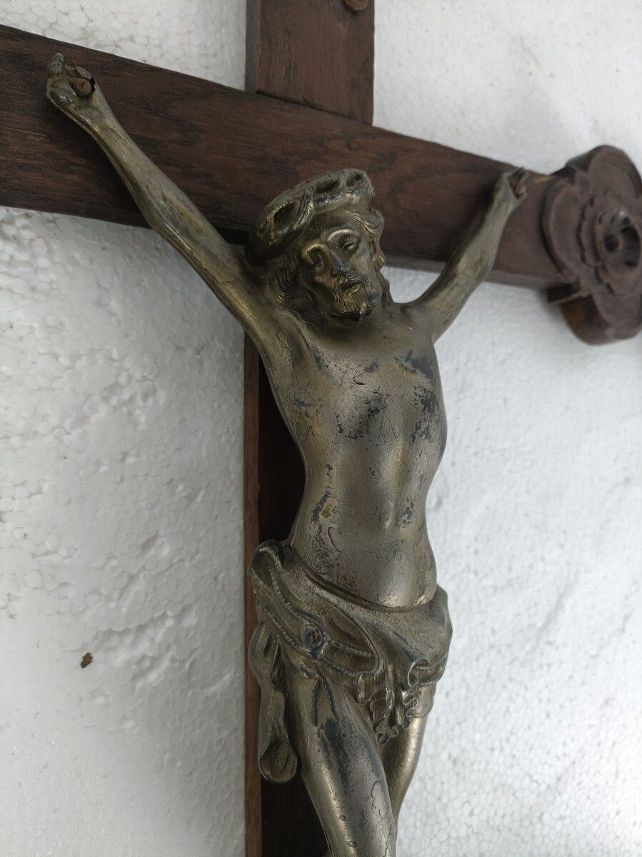 Hand Carved Wood  French Hanging Ornate Crucifix Cross Jesus Christ Fleur De Lis photo vinterior