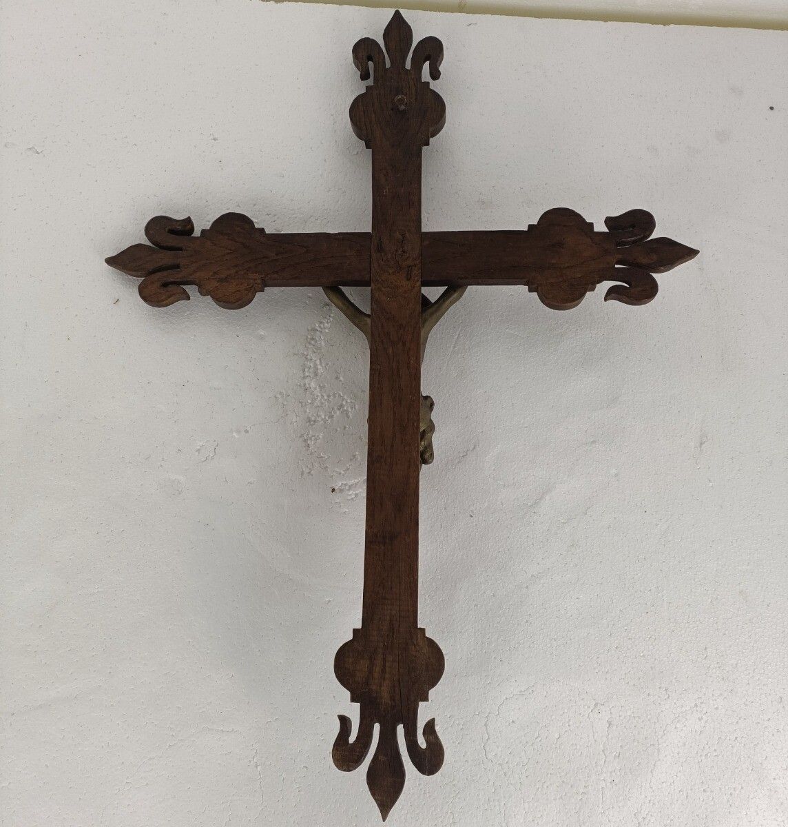 Art Hand Carved Wood  French Hanging Ornate Crucifix Cross Jesus Christ Fleur De Lis photo
