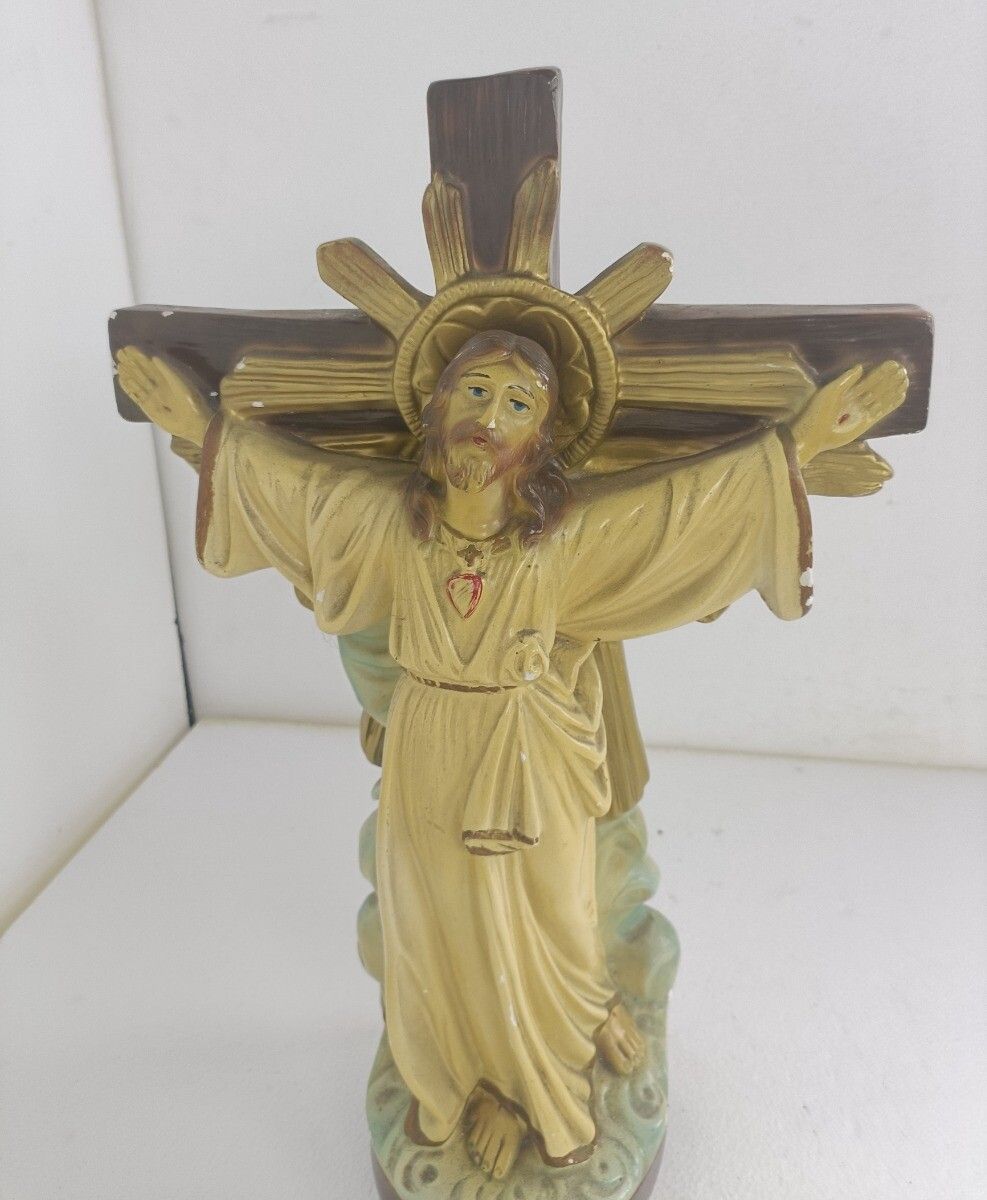 Large Antique Statue Sculpture Jesus On The Cross Crucifix Art Deco Plaster photo for sale