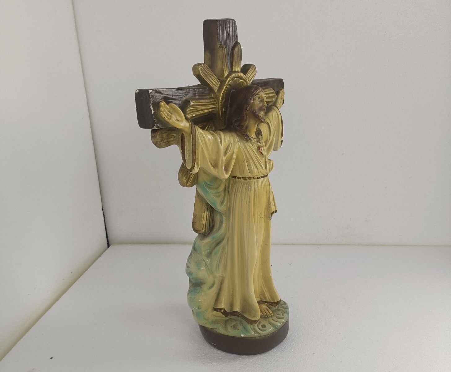 Large Antique Statue Sculpture Jesus On The Cross Crucifix Art Deco Plaster photo vinterior