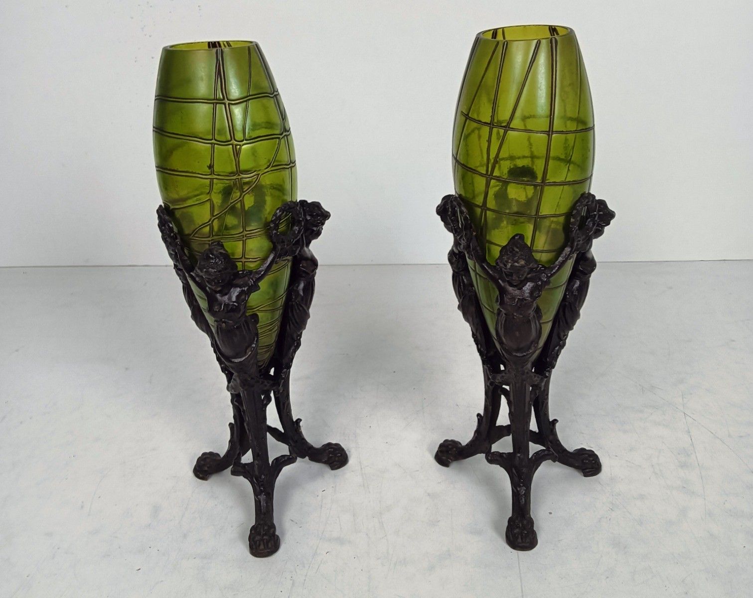 Pair Art Nouveau Iridescent Art Glass Vases With Spelter Base Palme Koenig Desig photo furniture
