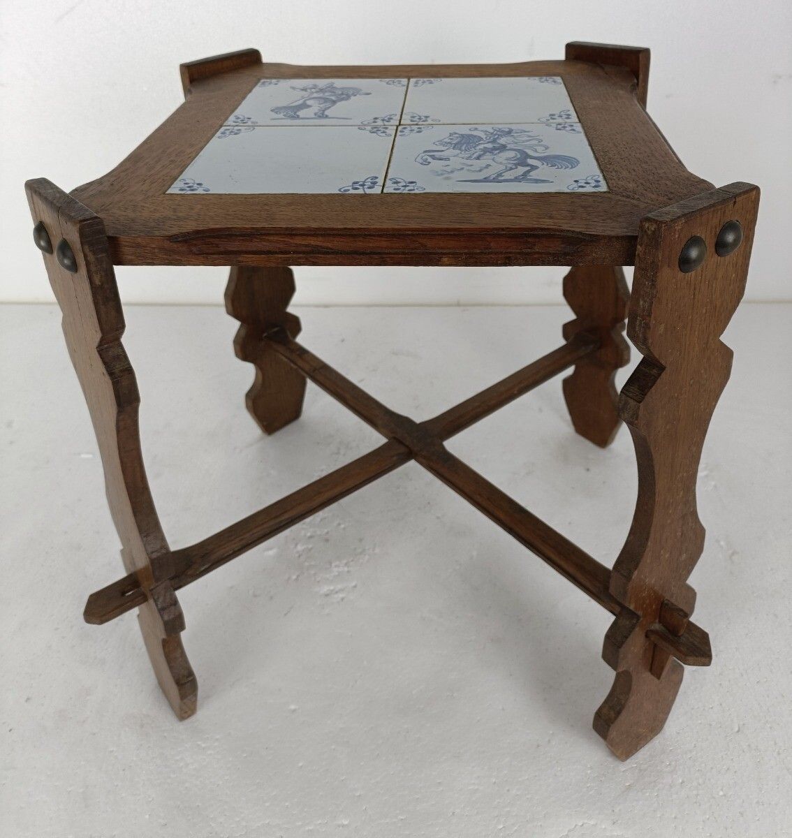 Side Occasional Wine Coffee Table Wood Ceramic Antique Delft Tiles Hunt Gorgous photo vintage