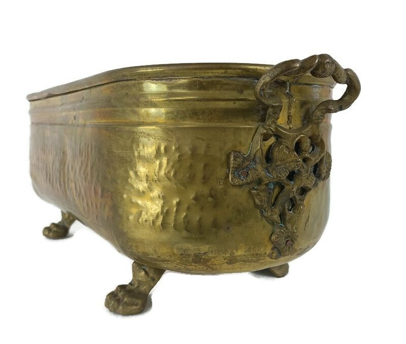 Hammered Embossed  Brass Planter Jardinière Ornate  Centerpiece  1800s Footed