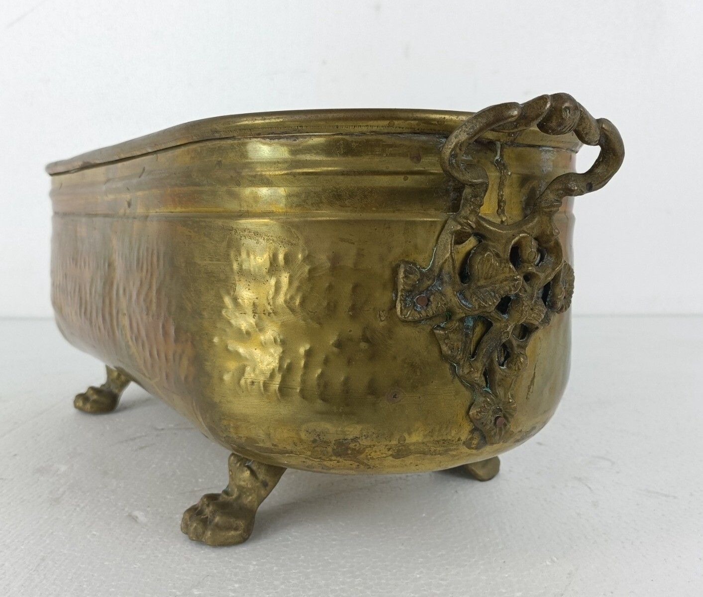 Hammered Embossed  Brass Planter Jardinière Ornate  Centerpiece  1800s Footed photo 404.0