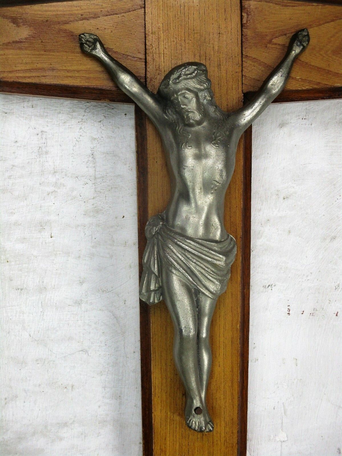 Large Hanging Crucifix Cross Jesus Christ Wood Spelter Vintage  Art Deco 29.52" photo furniture