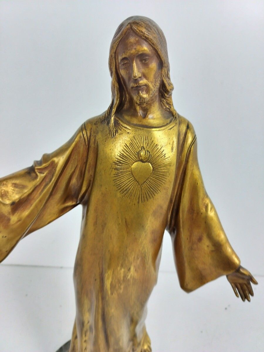 Statue Bronze The Blessing Of Christ Sacred Heart Paul Casq Bronze On Marble photo for sale