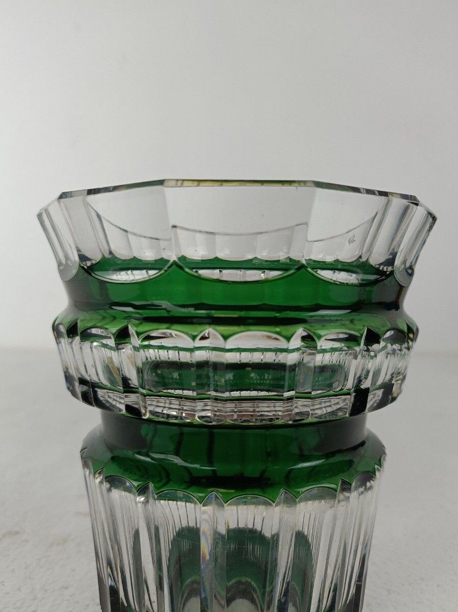 Green Cut To Clear Crystal Vase Val St Lambert Art Glass Etched Marking photo vintage