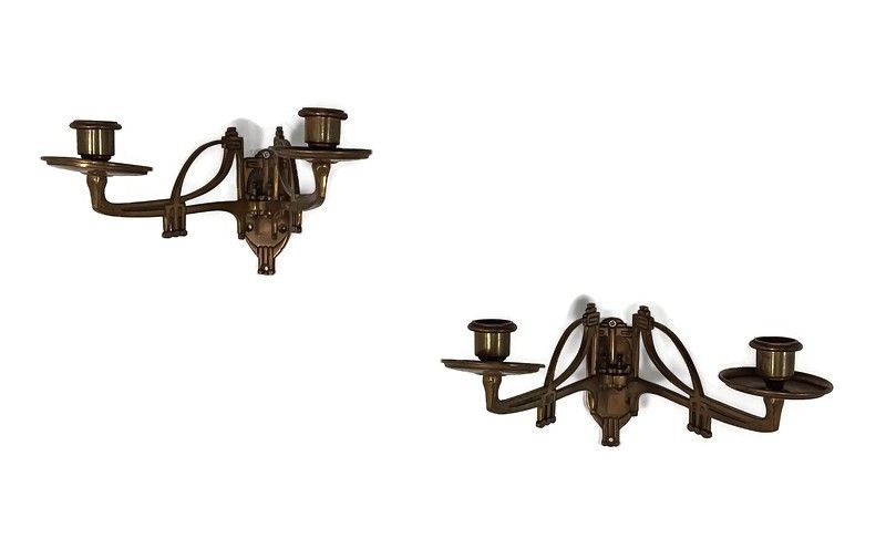 Pair Double Wall Mounted Bauhaus Messing Candle Holders Candelabras Antique Stun