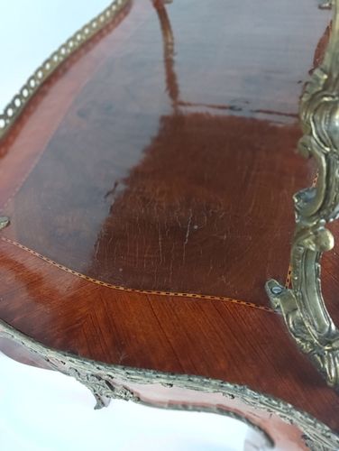Two Tier Marquetry Table Wood Brass Trims Over Tier Hollywood Regency Wow photo 890.0