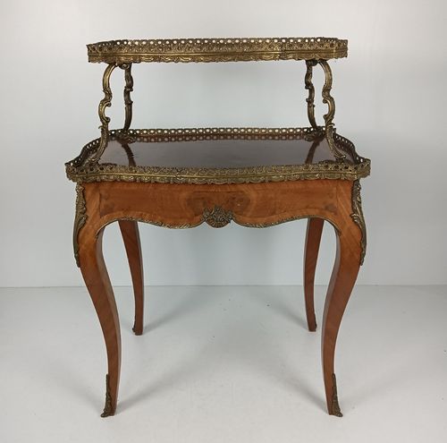 Furniture Two Tier Marquetry Table Wood Brass Trims Over Tier Hollywood Regency Wow photo