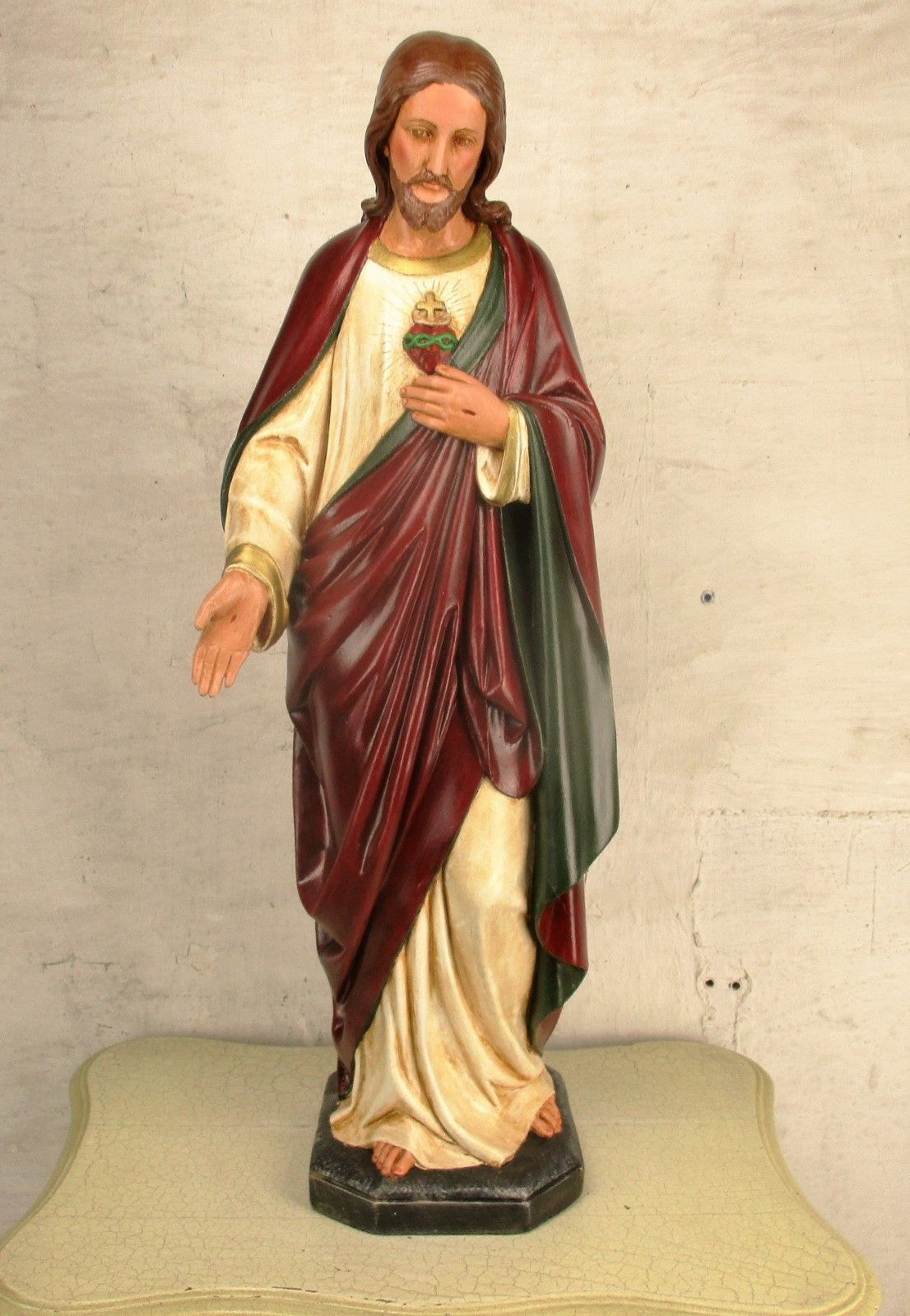 Large Antique 1900 Church Chapel Statue Jesus Christ Sacred Heart Polychrome 33" photo furniture