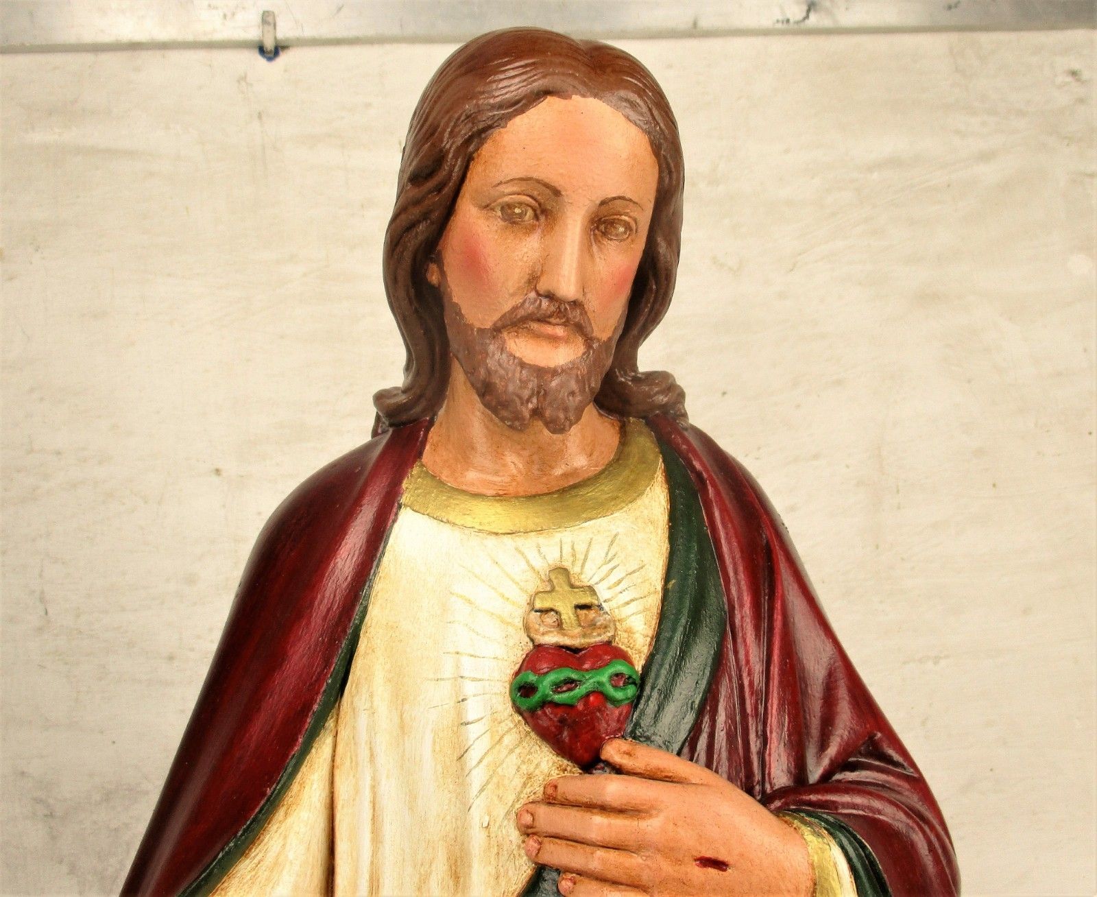 Large Antique 1900 Church Chapel Statue Jesus Christ Sacred Heart Polychrome 33" photo for sale