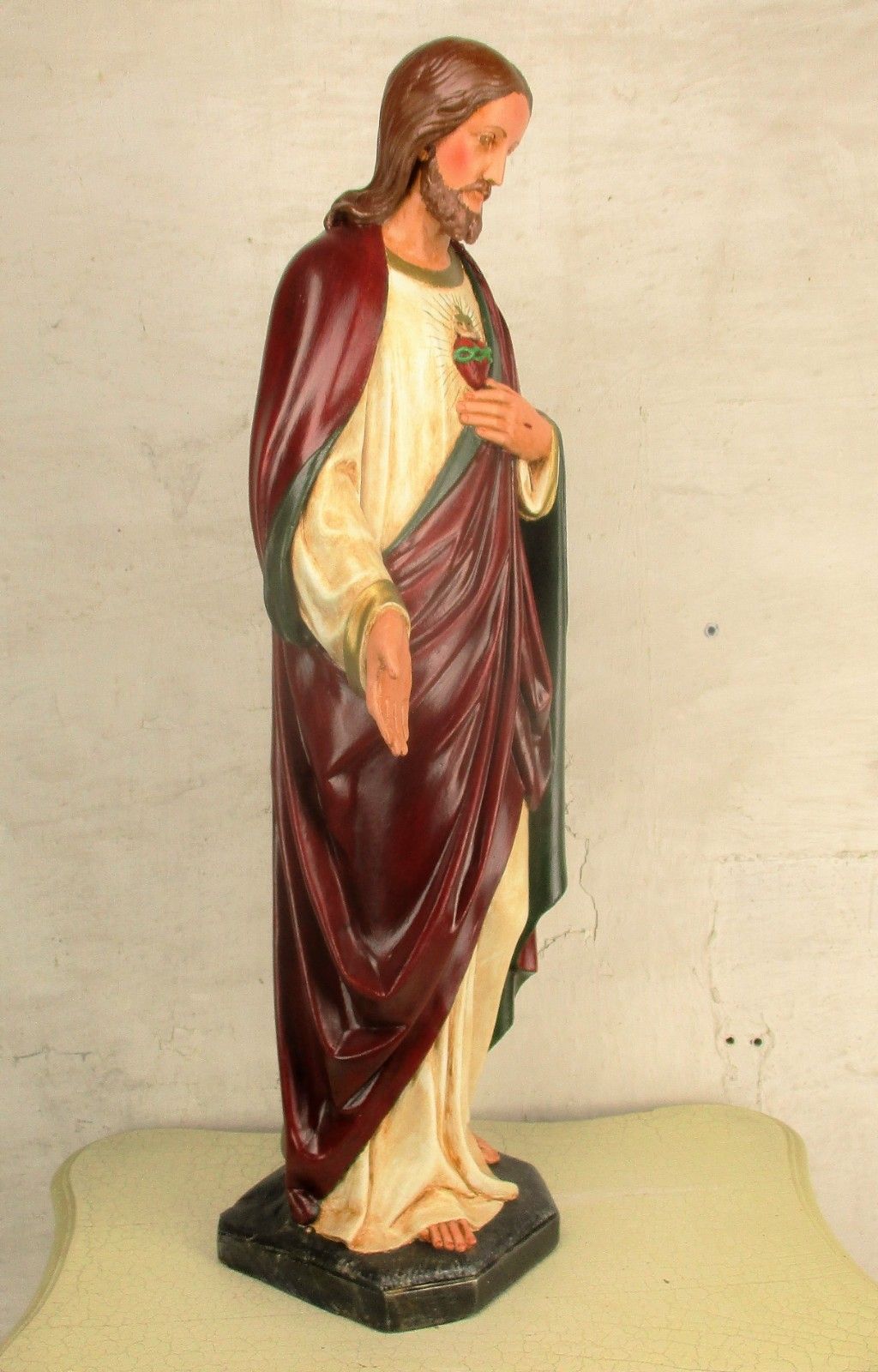 Large Antique 1900 Church Chapel Statue Jesus Christ Sacred Heart Polychrome 33" photo buy