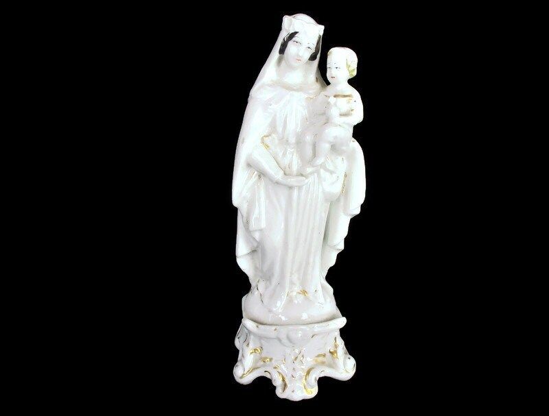 Antique 1900 Vieux Paris Porcelain Bisque Statue Virgin Mary Infant Jesus 9.44&Q