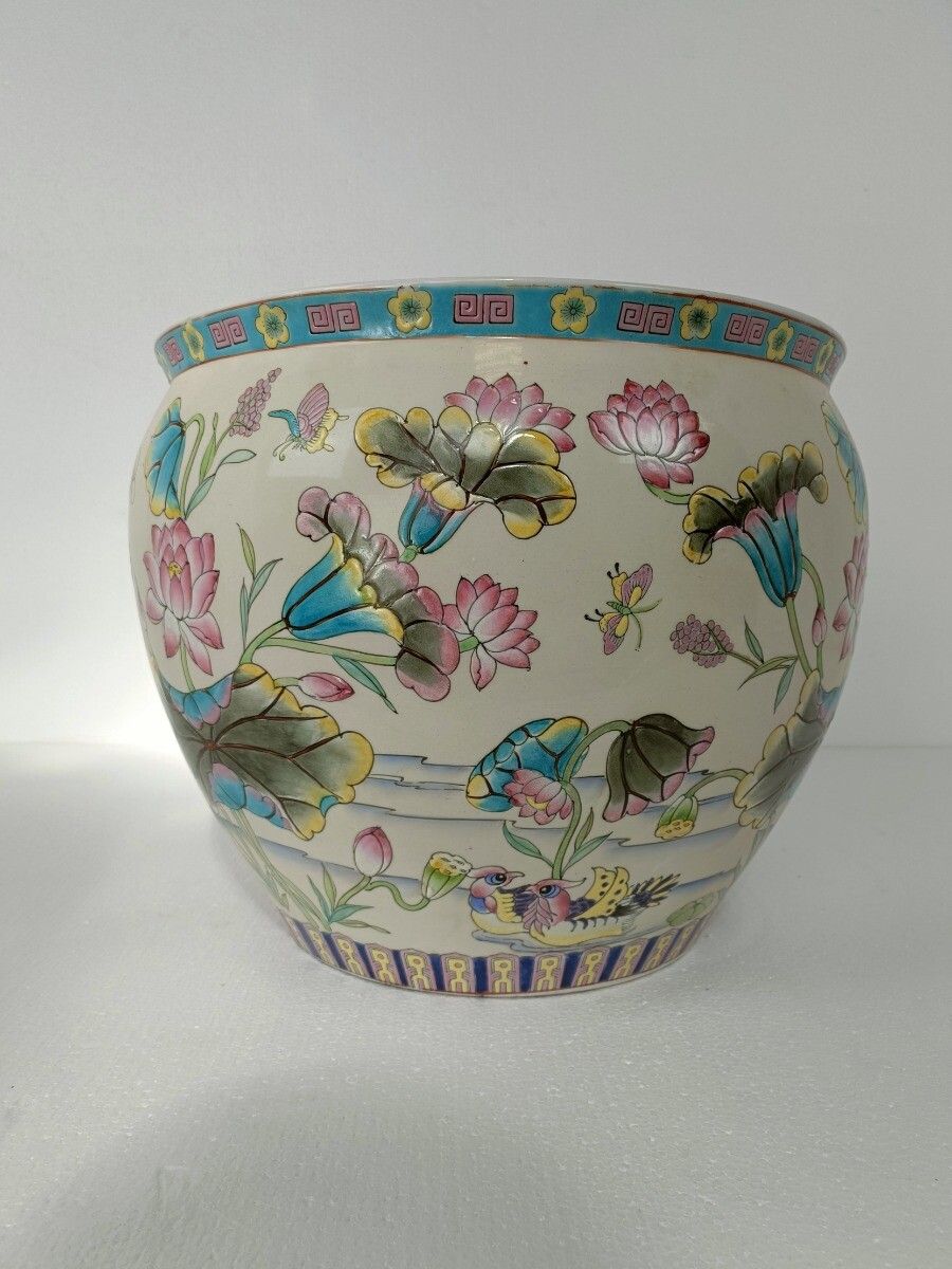 Chinese Porcelain Enamel Koi Fish Bowl Planter Vase Flowers Cachepot 10"  Vintag photo 162.0