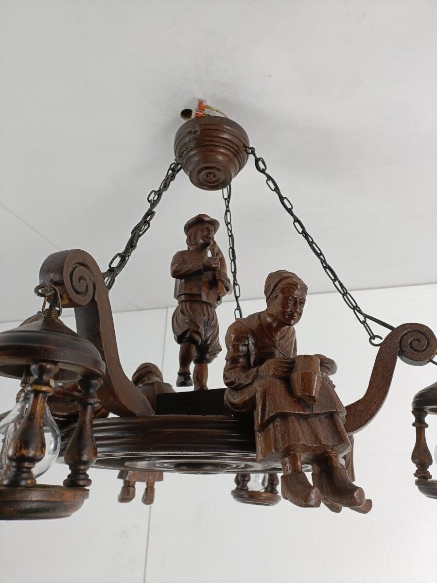 Impressive Hand Carved Wooden Chandelier Breton Signed J C Lordeux France Figuri photo vinterior