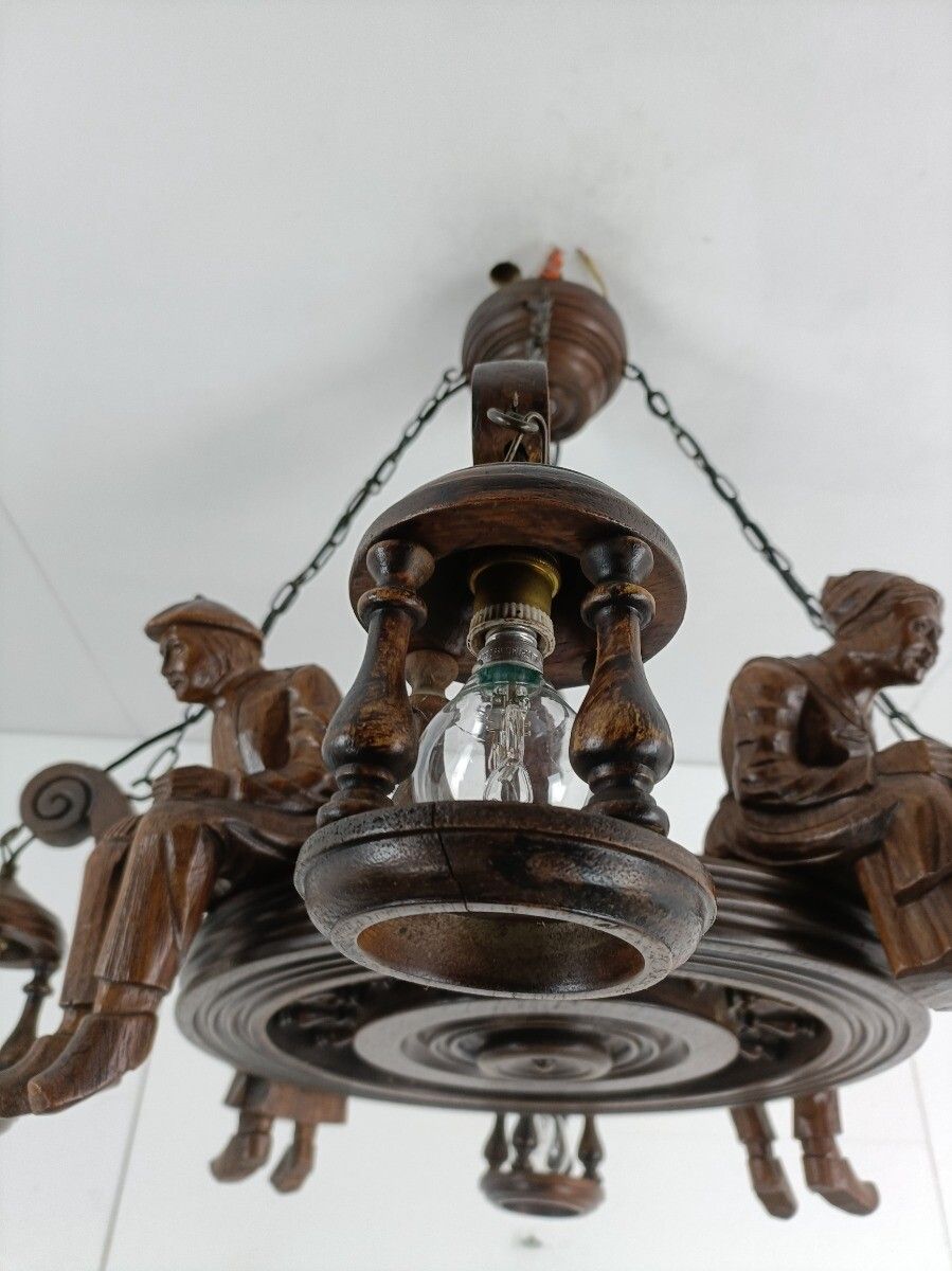 Lighting Impressive Hand Carved Wooden Chandelier Breton Signed J C Lordeux France Figuri photo