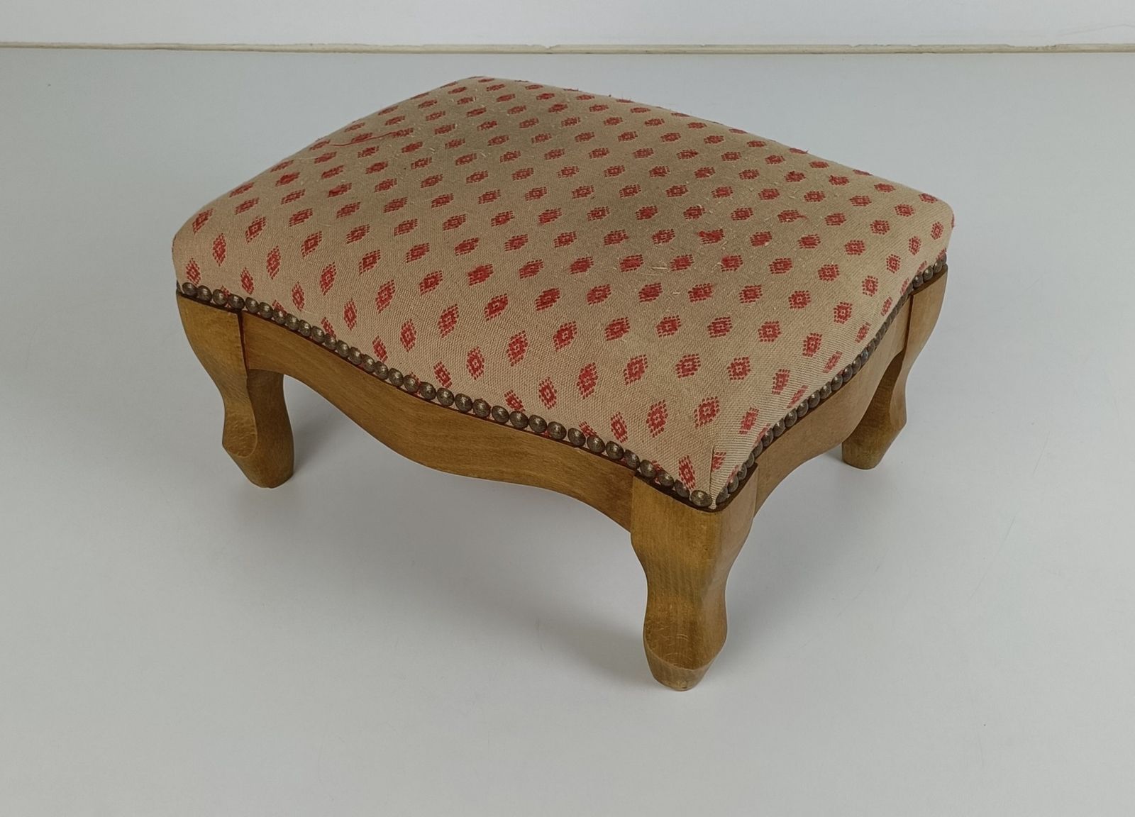 Antique Low Footstool Ottoman French Pink Fabric Louis XV Style Hobnails photo furniture