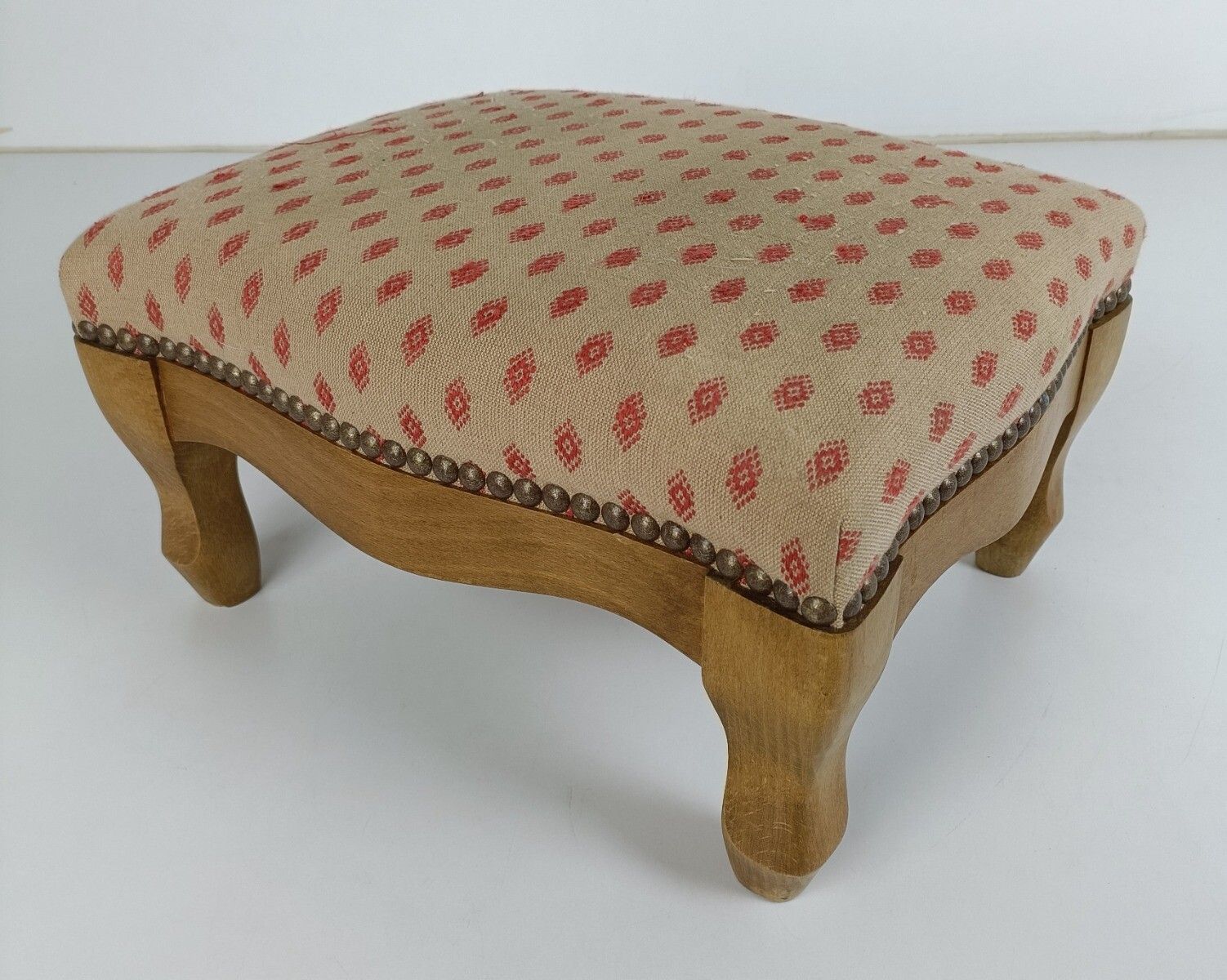 Antique Low Footstool Ottoman French Pink Fabric Louis XV Style Hobnails photo for sale