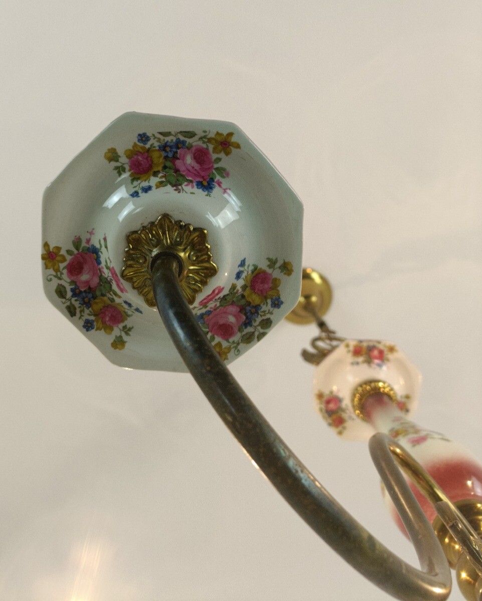 photo furniture Chandelier 5 Arm Lights Brass Porcelain Flowers Italian Italy Fixture Lamp Vinta