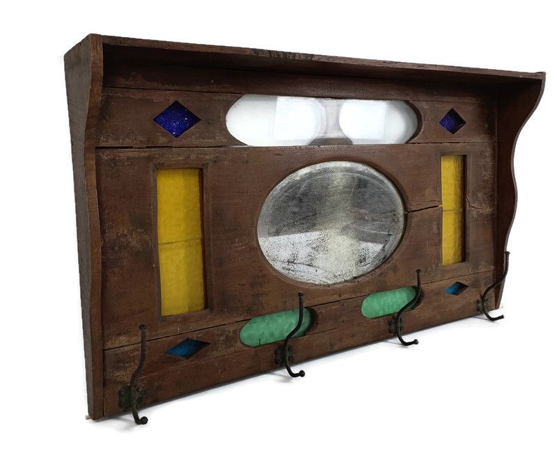 Gorgeous Antique Coat Rack Kitchen Rack Colored Art Glass Hallway