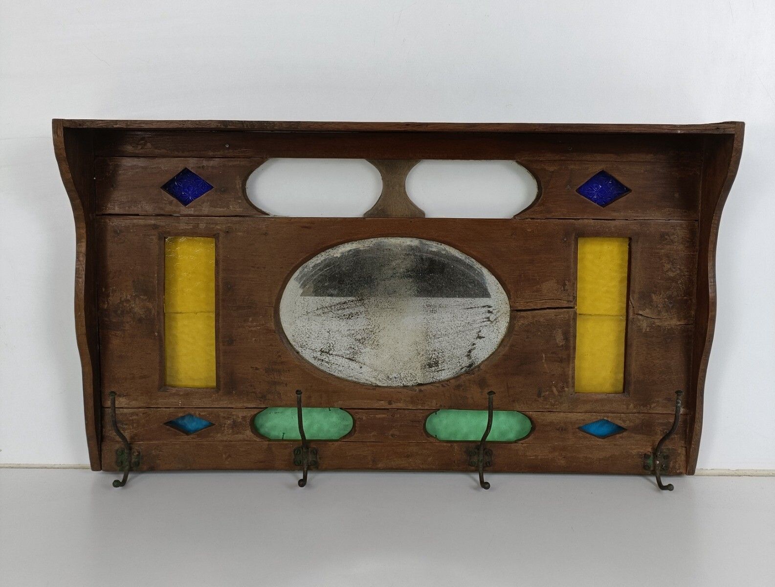 Gorgeous Antique Coat Rack Kitchen Rack Colored Art Glass Hallway photo for sale