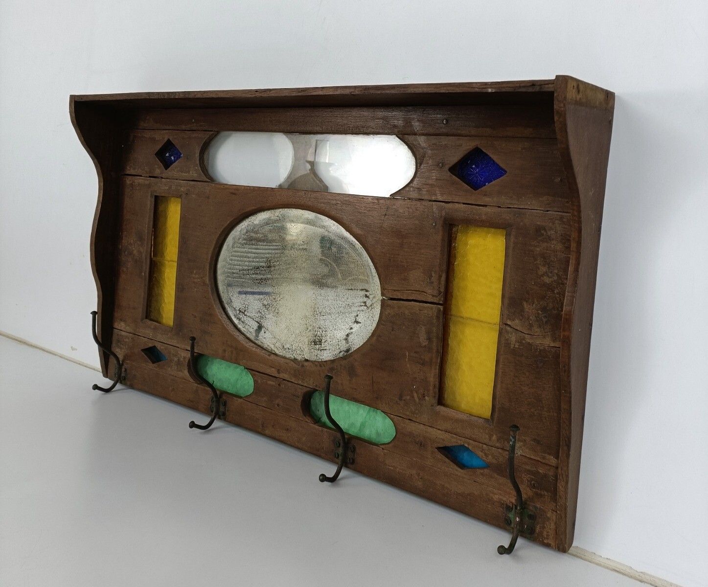 Gorgeous Antique Coat Rack Kitchen Rack Colored Art Glass Hallway photo 485.0