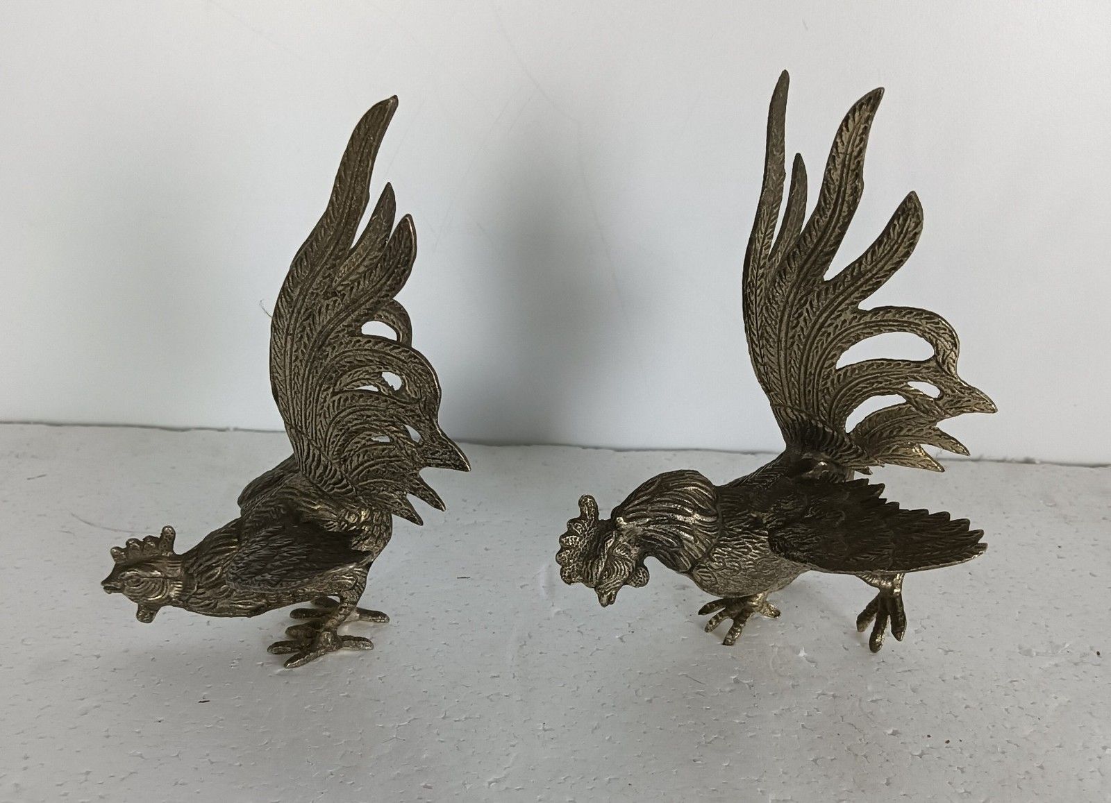 Couple Fighting Rooster Cocks Silver Colored Metal  Mid Century Modern photo for sale