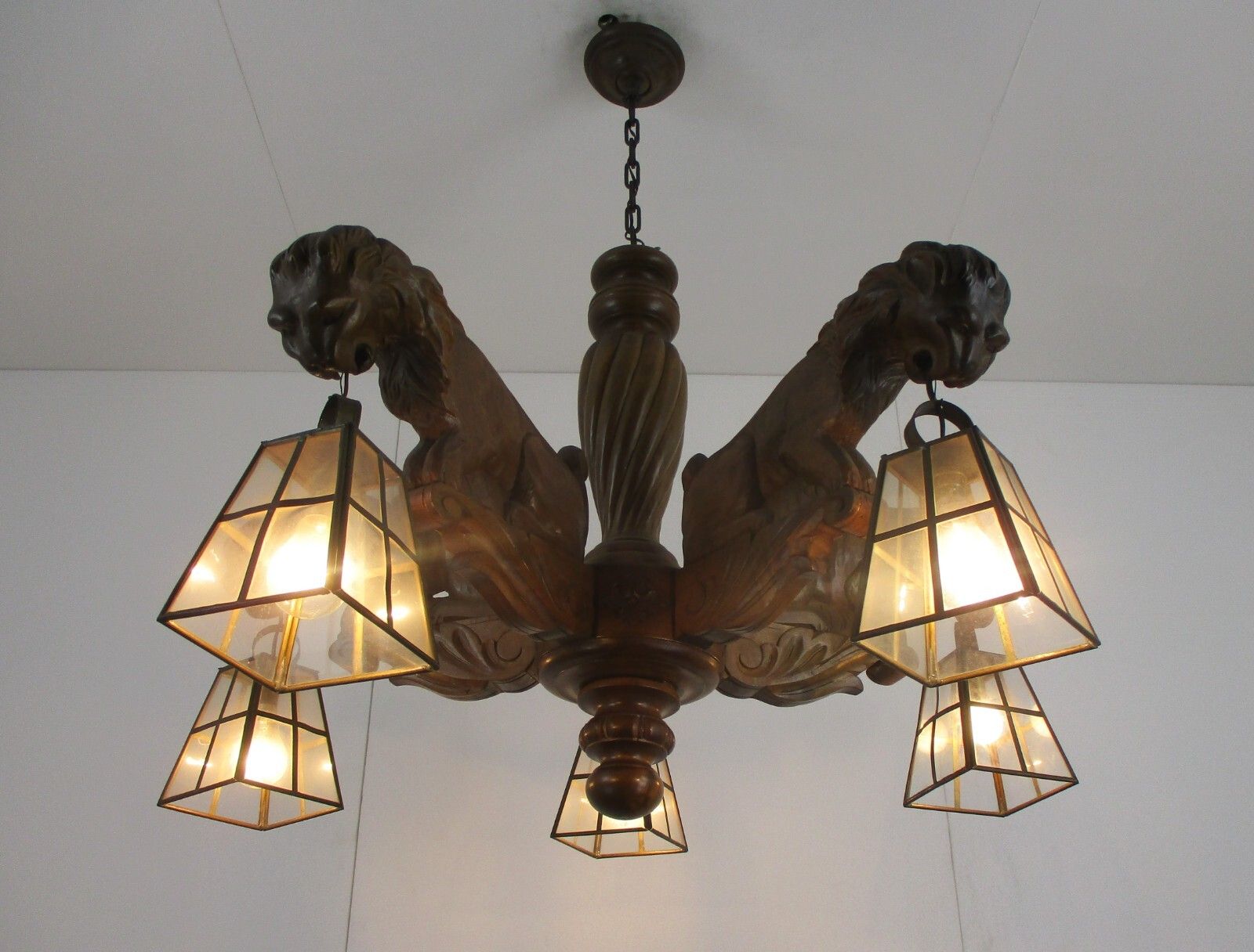 Hand Carved Wooden Chandelier  5 Arm Lights Barn Country Lion Heads Wow photo furniture