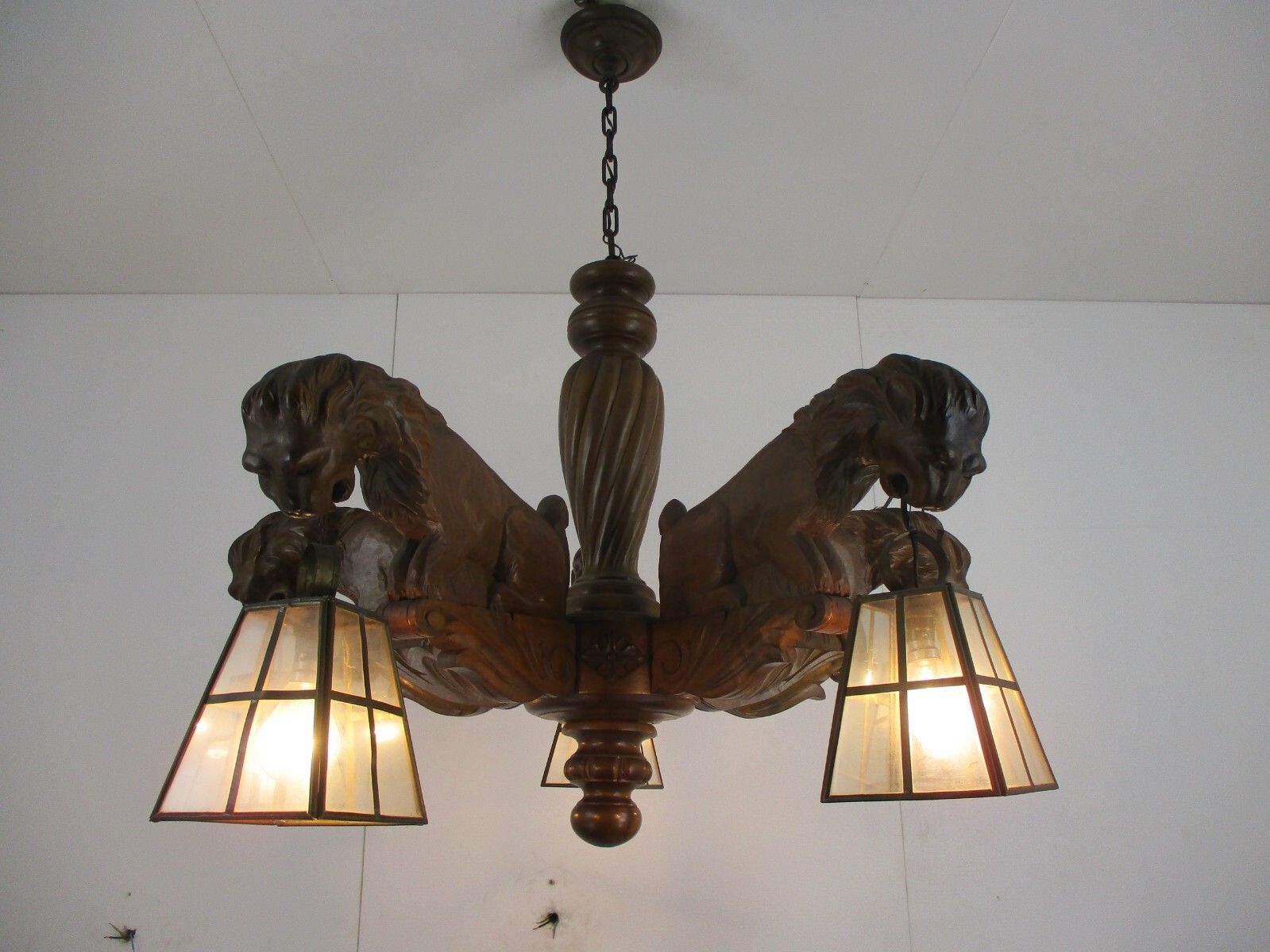 Hand Carved Wooden Chandelier  5 Arm Lights Barn Country Lion Heads Wow photo for sale