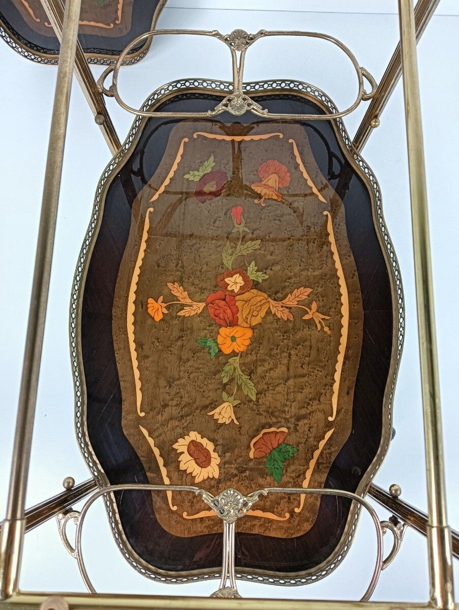 photo furniture Italian Bar Cocktail Tea Cart Trolley Hollywood Regency Marquetry Inlay Vintage
