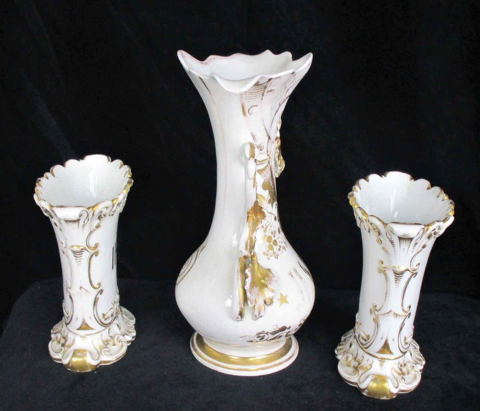 Xl Set Of 3 Antique Porcelain Fan Flair Vases Centerpiece Church Chapel photo for sale