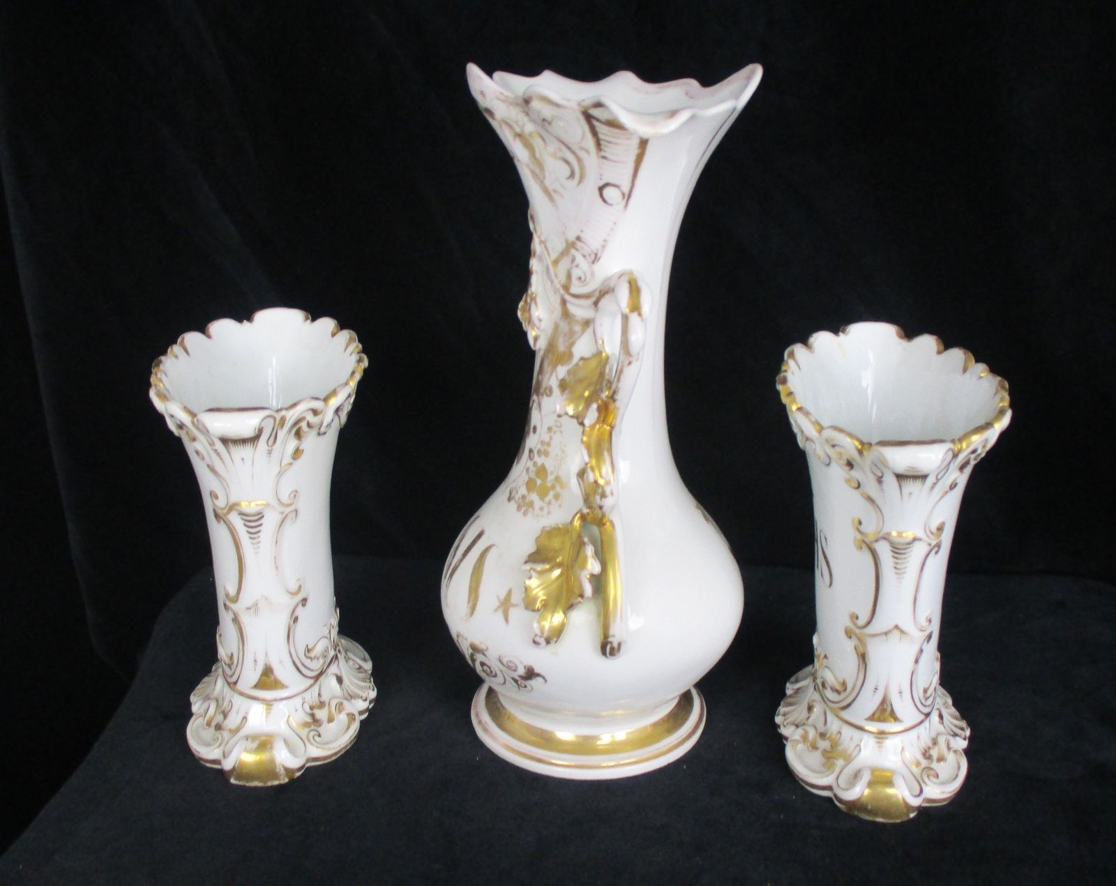 Xl Set Of 3 Antique Porcelain Fan Flair Vases Centerpiece Church Chapel photo vinterior