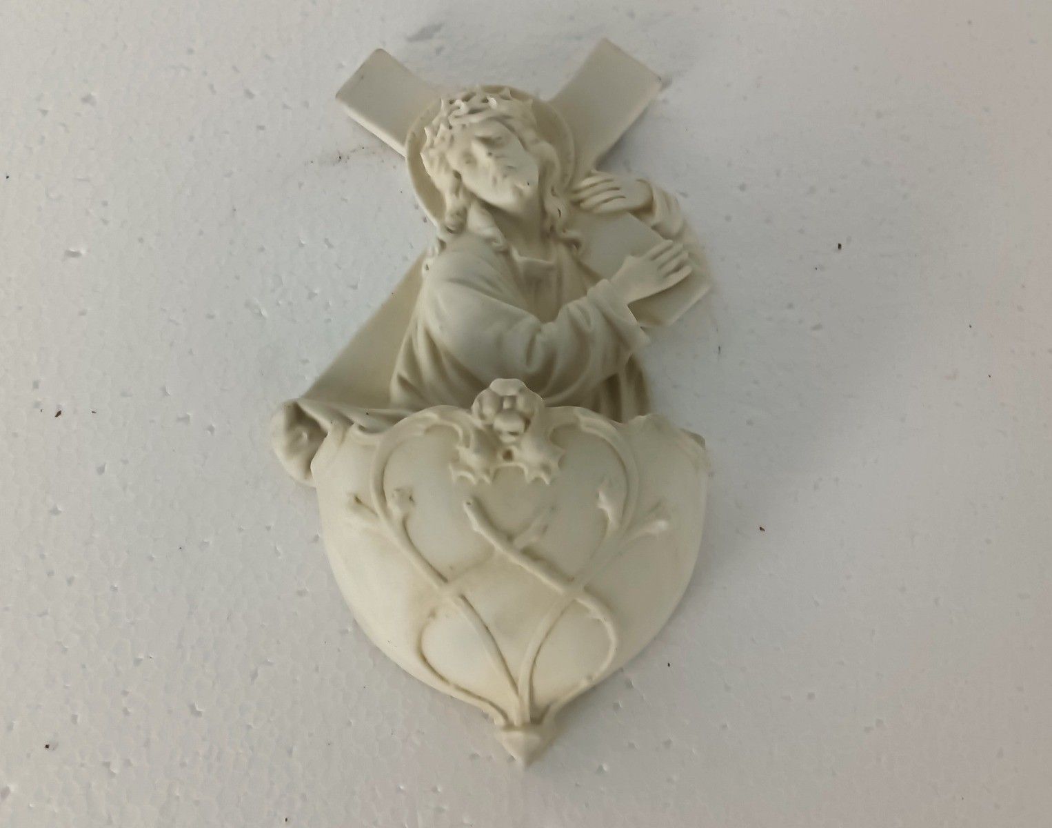 Antique Holy Water Font Vessel  Bisque Porcelain Jesus Christ Carrying Cross Cru