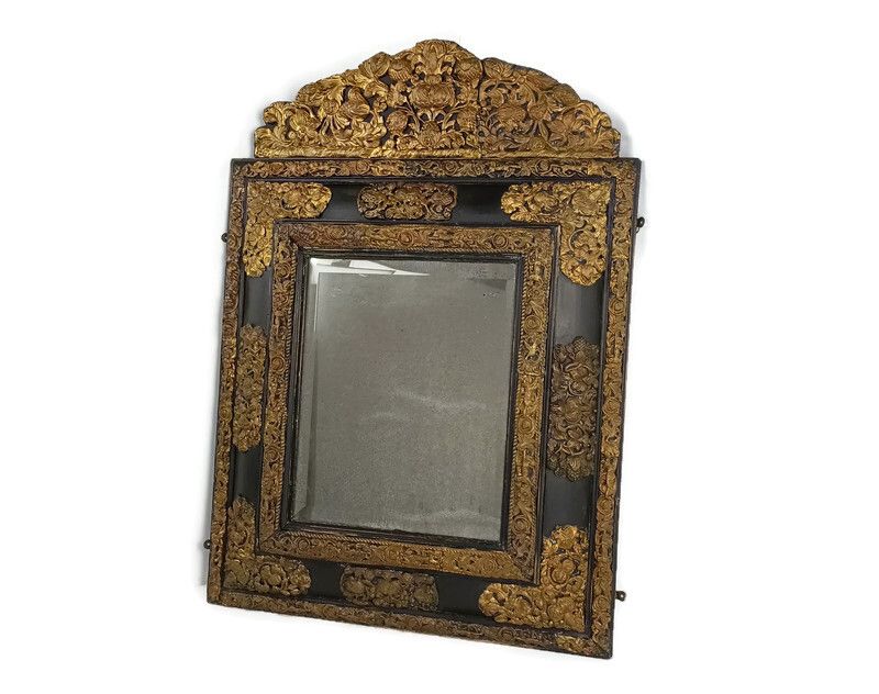 Large French Mirror Brass Ornate Trims Flowers Animals Wooden Frame 1700s Antiqu