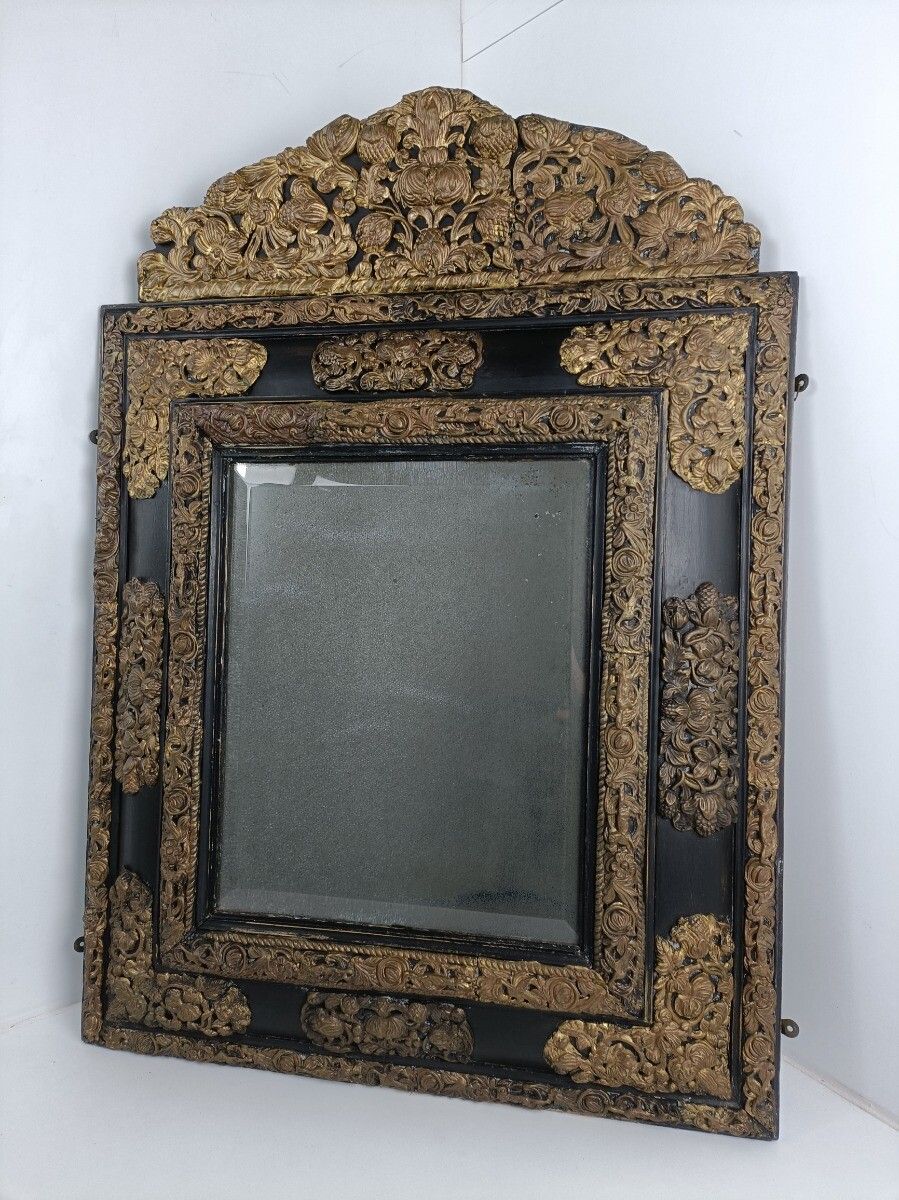 Large French Mirror Brass Ornate Trims Flowers Animals Wooden Frame 1700s Antiqu photo furniture