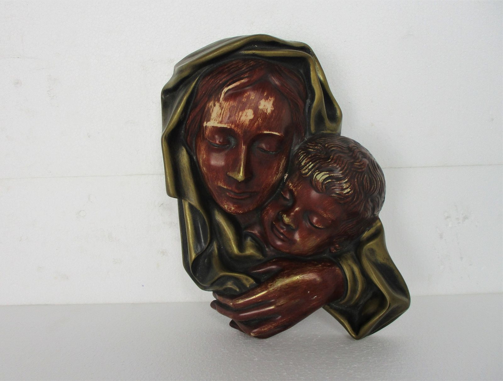 Wall Plaque Virgin Mary Madonna Holy Mother Infant Jesus Polychrome Terra Cotta photo furniture
