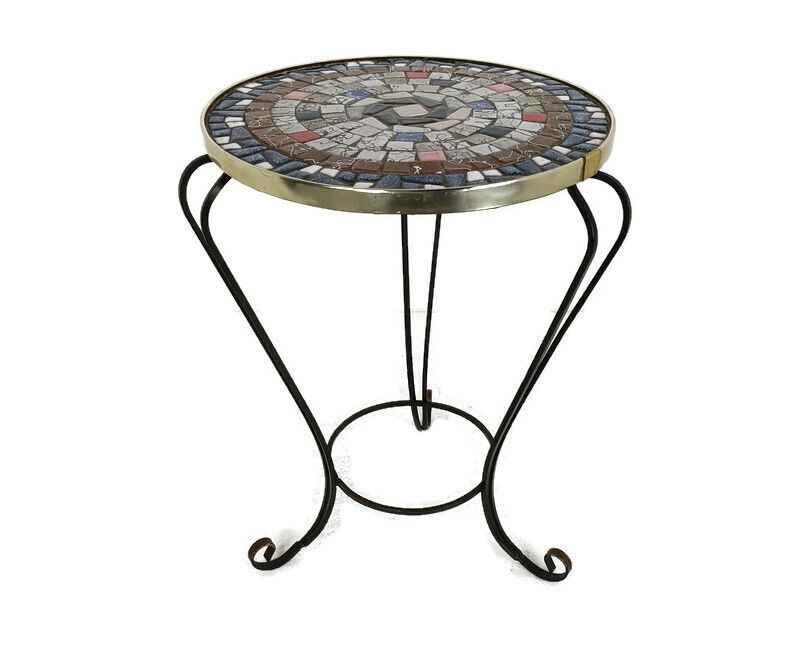 Side Round Table Plant Stand Ceramic Tiles  Mosaic Wrought Iron Legs Lovely Vint