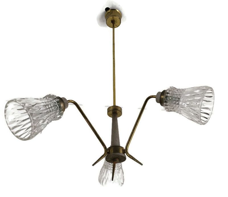 Vintage Chandelier 3 Arm 3 Lights  Glass Shades Teak Brass Pop Art Style Funky