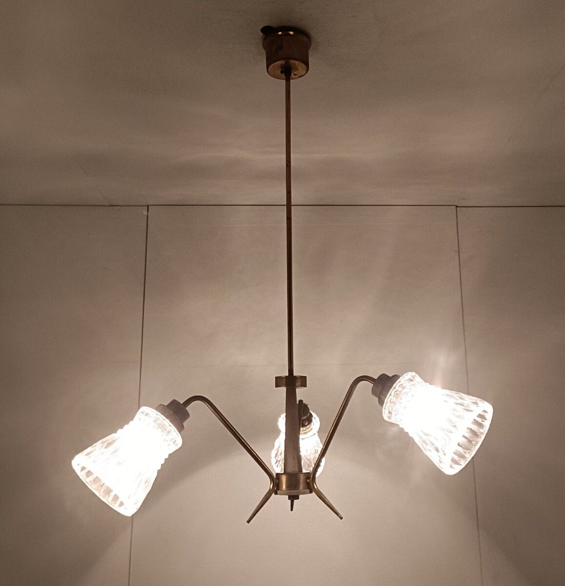 Vintage Chandelier 3 Arm 3 Lights  Glass Shades Teak Brass Pop Art Style Funky photo furniture