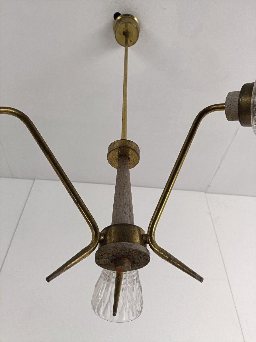 Vintage Chandelier 3 Arm 3 Lights  Glass Shades Teak Brass Pop Art Style Funky photo 186.0