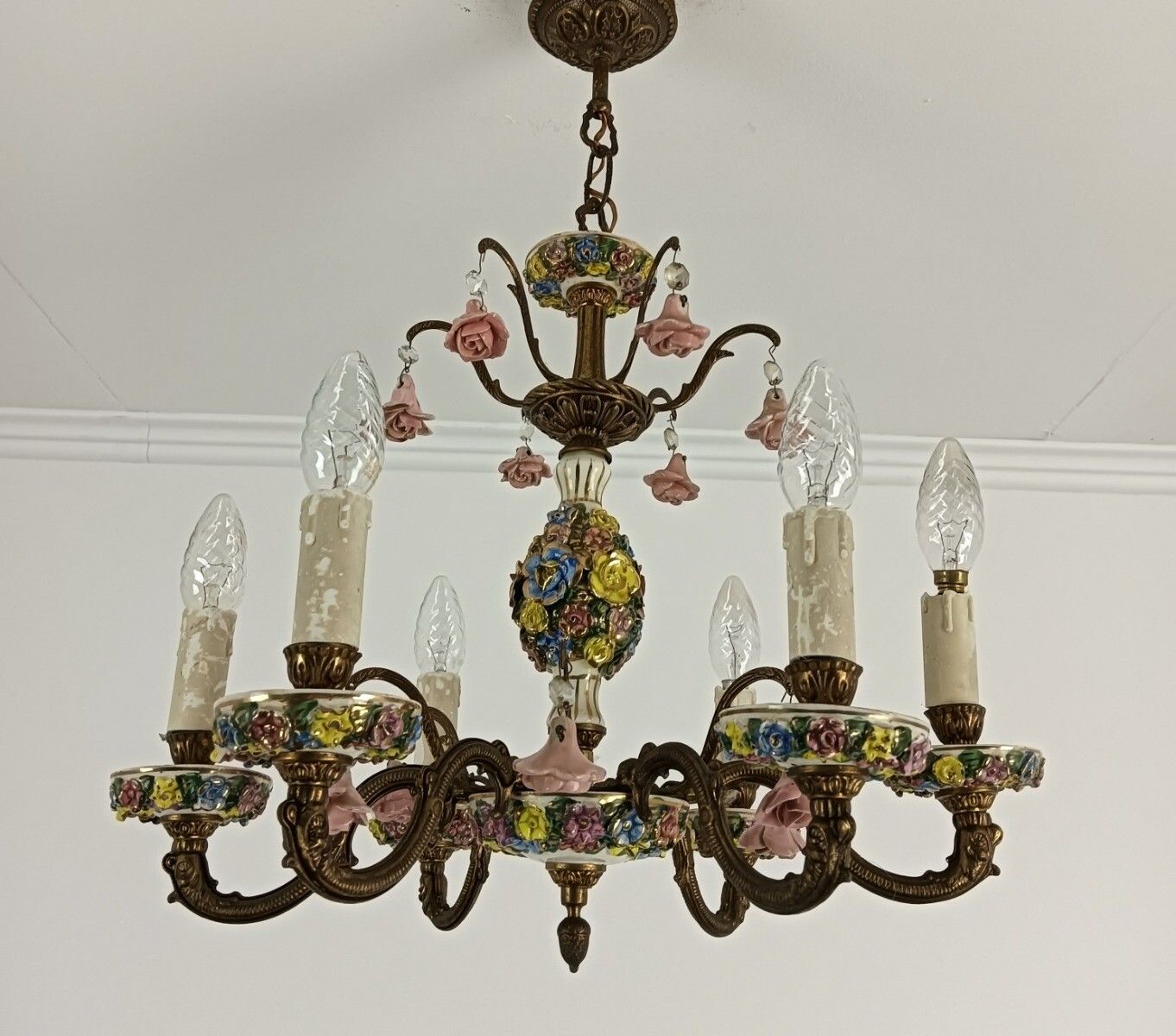 Italian Chandelier Porcelain Lots Of 3d Flowers Romantic Gorgeous Vintage 6 Llig photo furniture
